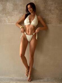 MOTF PREMIUM DELICATE LACE TRIM HALTER NECK ELEGANT TIE STRAP FLORAL PRINT BIKINI SET - Apricot - View 5