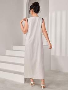 Al Najma Vestido de cuello redondo sin mangas con bloques de color asimétricos, primavera/verano - Albaricoque - Ver 6