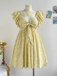 Soleia Plus Size Colorful Printed Fabric Cap Sleeve Keyhole Neck Bow Tie Front A-Line Dress, Suitable For Spring & Summer Vacation - Light Yellow - View 5