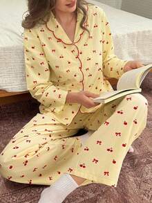 DAZY 2pcs Cute Bow & Cherry Print Contrast Color Embroidered Collar Women Pajama Set, Spring/Summer - Yellow - View 8