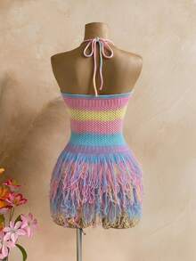 SaltGleam SaltGleam Women's Contrast Color Fringe Hem Hollow Out Design Halter Neck Knit Dress - Multicolor - View 2