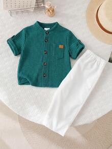 SHEIN LMoss Kids Bộ đồ đôi cho bé trai/bé gái, kiểu dáng đơn giản, tay ngắn và quần dài cạp chun, thích hợp cho kỳ nghỉ hè/thu. - Nhiều màu - Xem 4