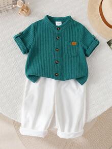 SHEIN LMoss Kids Bộ đồ đôi cho bé trai/bé gái, kiểu dáng đơn giản, tay ngắn và quần dài cạp chun, thích hợp cho kỳ nghỉ hè/thu. - Nhiều màu - Xem 9