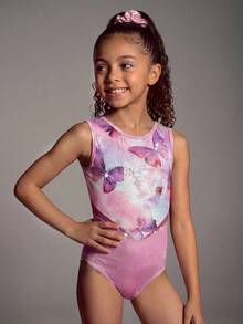 SHEIN 2pcs/Set Girls' Gymnastics Leotard And Shorts Set, Butterfly Print With Rhinestones, Suitable For Gymnastics Training, Competition, Casual Wear - Pink - View 3