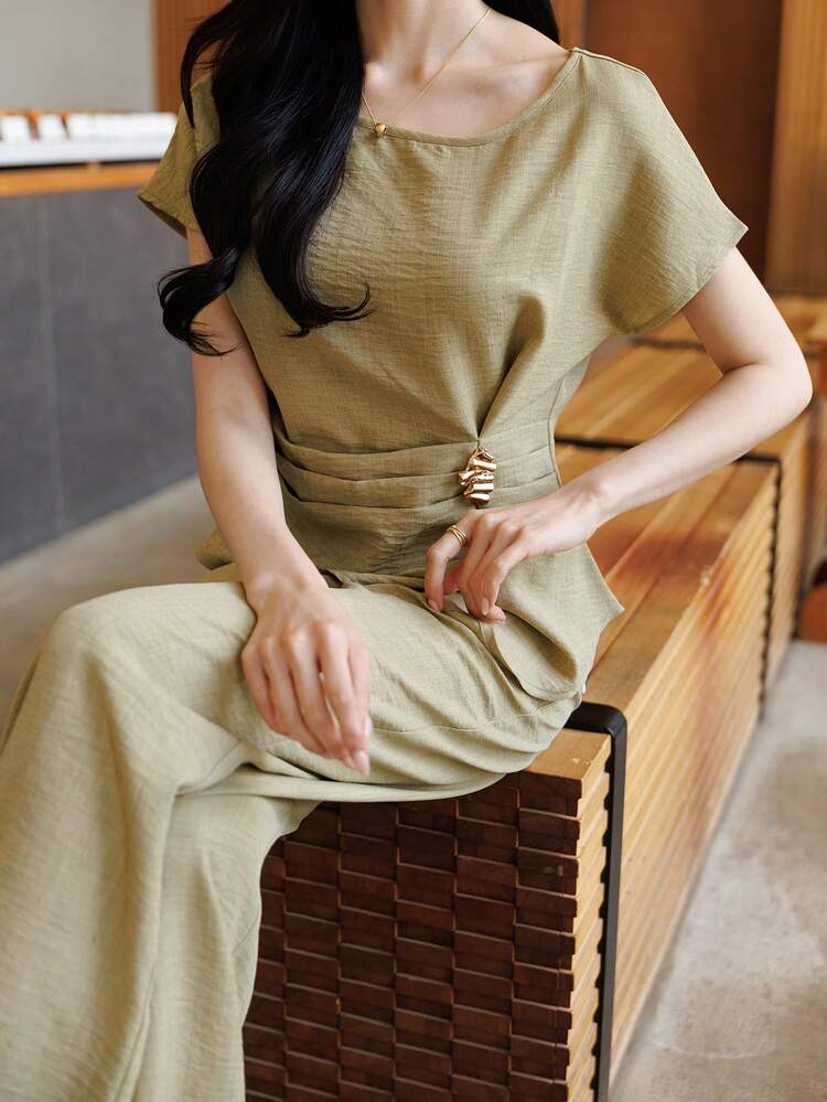 2pcs Women Casual Urban Style Short Sleeve Shirt And Straight Leg Pants Set, Suitable For Spring And Summer