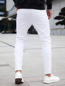 Manfinity Homme 男士修身款牛仔褲，長款洗水淺色裝飾，純白色貨物工作商務休閒美式婚紗 - 白色 - 查看 2