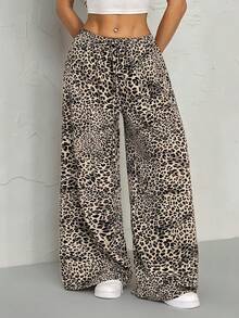SHEIN PETITE Pantalones largos con cordón y estampado de leopardo para mujer - Marrón - Ver 8