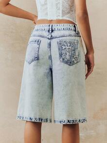 Anewsta Women's New Fashion Lace Patchwork Blue Jeans Capri Pants - Blue - View 4