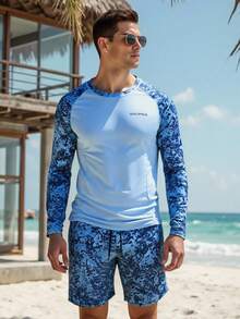 ZELFYO Conjunto de camiseta de natación de manga larga con cuello redondo y estampado botánico y bañador para hombre, vacaciones - Celeste - Ver 3