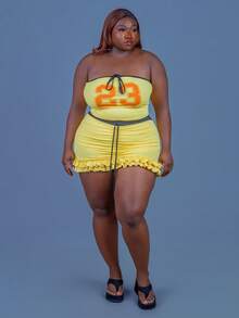 CurvyTilda 2pcs 2025 Spring/Summer New Streetwear & Sexy Style, Yellow No.23 Graphic, Fitted Knot Bandeau Top And Multi-Layer Ruffle Hem Mini Skirt, Plus Size Ladies 2 Pieces Set, For Hourglass Body Shape - Yellow - View 5