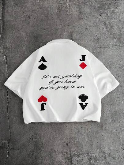 AXEPEAK Men's Casual Slogan & Playing Card Print Short Sleeve Shirt