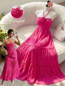 Elenzga Women's Elegant Solid Color 3D Floral Backless Halter Dress - Hot Pink - View 8