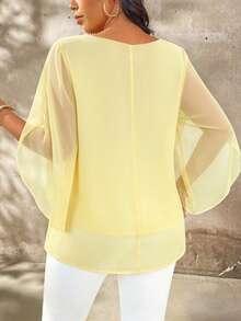SHEIN LUNE Plus Size Women's Plus Size Cap Sleeve Sheer Slim Fit Blouse - Yellow - View 2