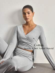 Ocili 100% Cotton Tie-Side Sleepwear Set, Women Comfortable Minimalist Solid Color Long Sleeve Top And Pants Pajamas - Grey - View 1