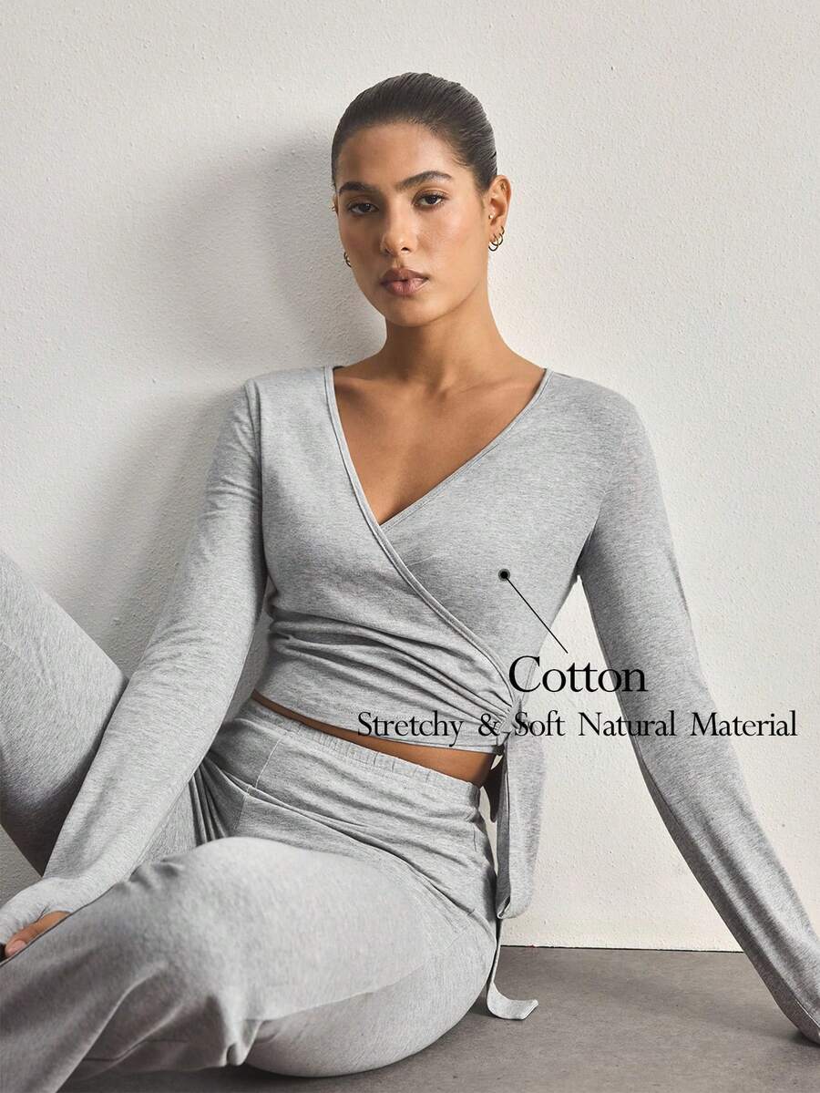 Ocili 100% Cotton Tie-Side Sleepwear Set, Women Comfortable Minimalist Solid Color Long Sleeve Top And Pants Pajamas - Grey - View 1