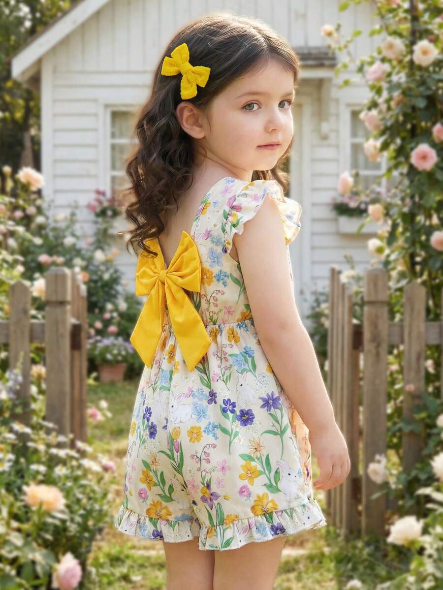 Vintaside Kids 女童夏季无袖清新优雅休闲数码印花连衣裙,饰有大蝴蝶结,适合旅行、海滩玩耍或日常休闲穿着。 - 黃色 - 查看 1