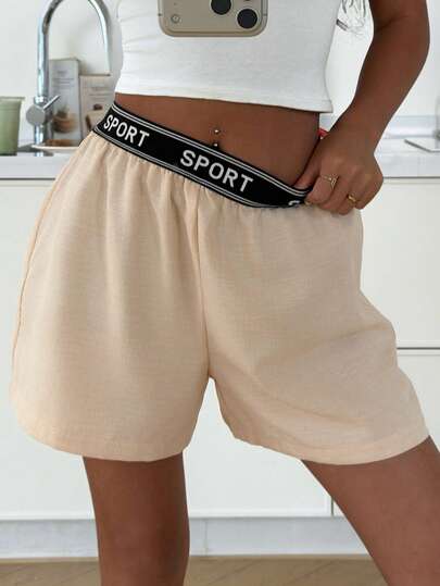 DAZY Pantalones cortos casuales cómodos con cintura de punto con letras, fondo de ropa de estar en casa para mujer