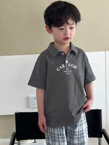 Dazy Kids 2件套幼儿男童圆领字母印花短袖T恤和格子梭织裤休闲套装，春夏款 - 灰色 - 查看 4