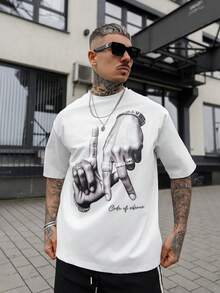 Artur Kramer Los Angeles LA Letter Hand Gesture Logo Print Casual Oversized Men White T-Shirt - White - View 6