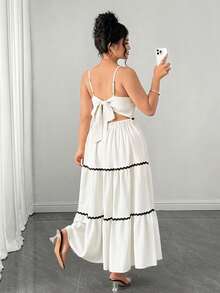 Elenzga Plus Size Color Block Ruffle Hem Backless Cami Dress - Beige - View 5