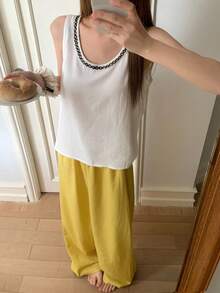 DAZY Bộ đồ mặc nhà nữ kiểu dáng thường ngày gồm áo tank top cổ tròn và quần dài. - trắng - Xem 6