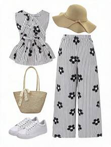Conjunto de 2 peças para meninas pré-adolescentes: roupa elegante para férias, composta por blusa regata de gola redonda com laço nas costas e calça pantalona folgada. - Multicolorido - Ver 1