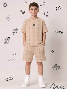 SHEIN 2pcs Tween Boy Casual Tan Textured Fabric Round Neck Short Sleeve T-Shirt And Shorts Set,Summer School Back-To-School Outfit,Daily Sports Wear - Multicolor - View 1