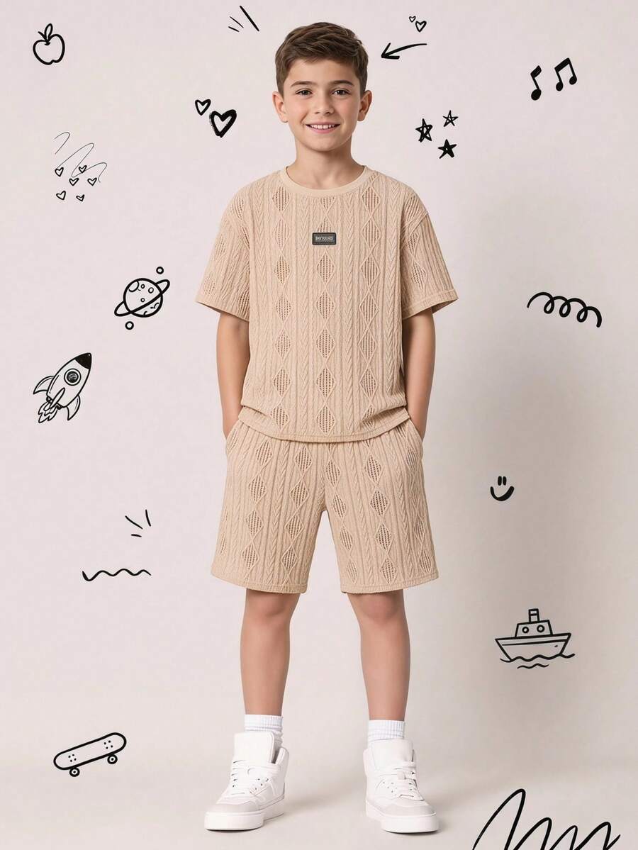 SHEIN 2pcs Tween Boy Casual Tan Textured Fabric Round Neck Short Sleeve T-Shirt And Shorts Set,Summer School Back-To-School Outfit,Daily Sports Wear - Multicolor - View 1