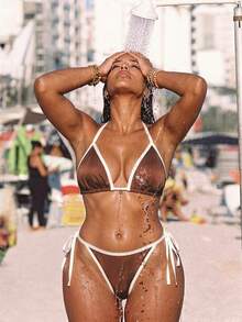 SHEIN Swim Curve 2026 New Brown Fabric Plus Size 2 Pieces Bikini Set With White Trim, Halter Neck & Tie Back Design, Suitable For Beach Vacation - Multicolor - View 2