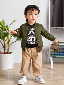 Baby Boy Ribbed Collar & Cuffs Plain Diamond Patterned Thick Jacket,In Fall/Winter - Army Green - View 5
