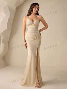Coutiva Women's Elegant Backless Satin Evening Gown, Spaghetti Strap Pleated Side Slit Formal Party Dress,Luxury Bodycon Wedding Guest Graduation Dress - Light Yellow - View 6