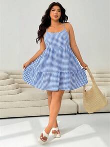 Solflare Plus Size Women Brown Plaid Slip Dress Gym Summer - Blue and White - View 3