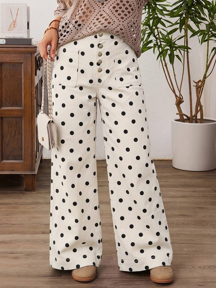 EMERY ROSE Plus Size Women's Fashion Versatile White Print Button Pocket Loose Fit Jeans Date Night Summer Vintage - Beige - View 1