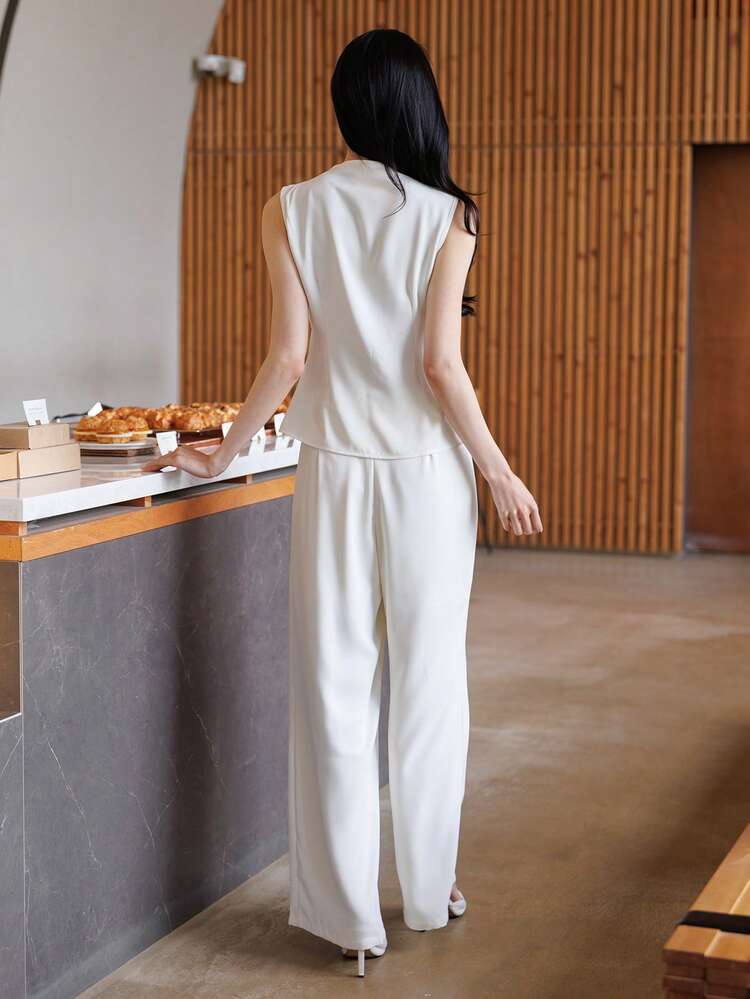 Women's Casual Elegant Sleeveless Long Tank Top And Straight Leg Pants 2 Pieces Set, Spring/Summer
