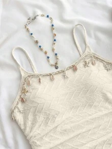 SHEIN 少女蓝白度假碎花侧边蝴蝶结装饰休闲连体泳衣带罩裙 - 卡其色 - 查看 6