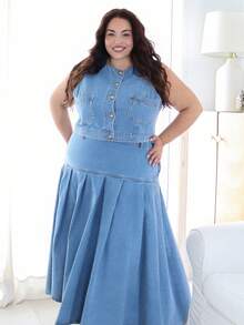 Pretty and Ole 大尺碼女款單排扣背心與百褶中長裙休閒牛仔套裝 冬季女裝聖誕新年套裝 夏季 - 中等水洗藍 - 查看 6