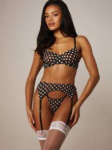 MISSGUIDED Polka Dot Balconette Bra And Garter Set With Adjustable Straps Vintage Pin Up Style Intimate Lingerie - Black - View 1