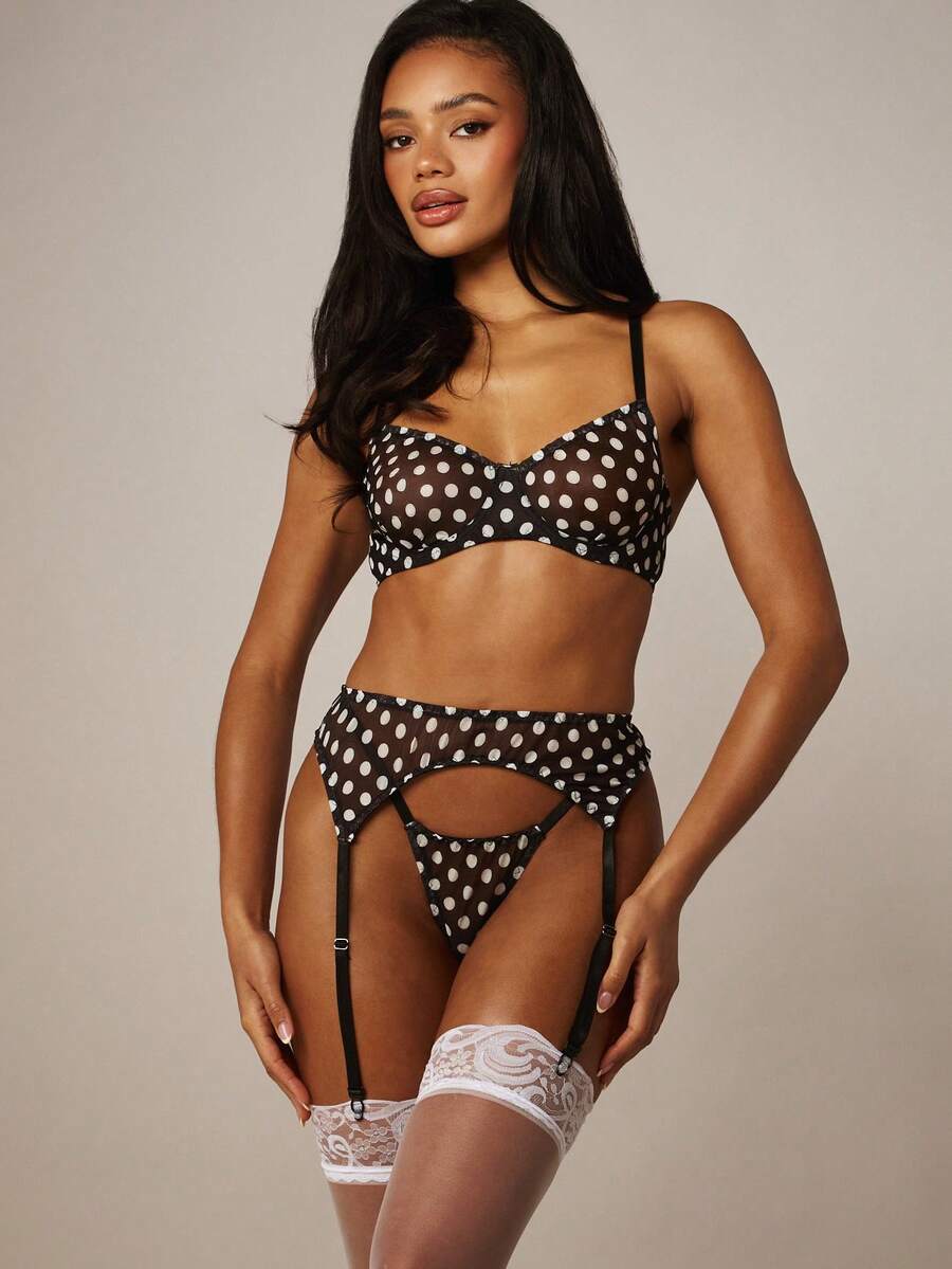 MISSGUIDED Polka Dot Balconette Bra And Garter Set With Adjustable Straps Vintage Pin Up Style Intimate Lingerie - Black - View 1