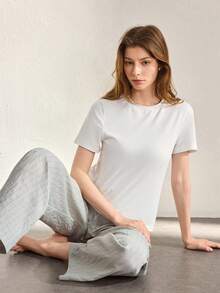 Ocili Set Piyama Kaos Katun Nyaman & Celana Linen Lembut untuk Wanita - Hijau - View 7