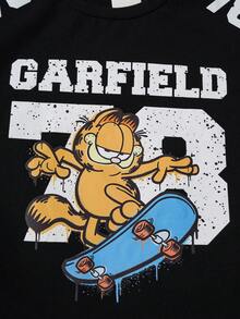 GARFIELD | SHEIN Young Boy Summer Casual Letter & Cat Print Round Neck Short Sleeve T-Shirt - Black - View 4