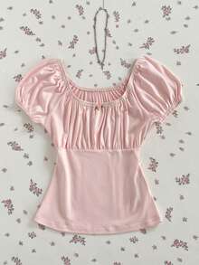 SHEIN PETITE Áo thun nữ mùa hè kiểu dáng thường ngày, ngọt ngào, dễ thương, đa năng, chất liệu mềm mại, họa tiết hoa, cổ vuông, nhún bèo, tay ngắn, ôm dáng, màu hồng. - Hồng - Xem 6