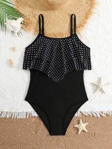 SHEIN Áo tắm liền thân cho bé gái tuổi teen, màu đen chấm bi trắng in kỹ thuật số, dây đeo có thể điều chỉnh, viền bèo nhún hai lớp, thời trang và thanh lịch, thích hợp cho bơi lội, kỳ nghỉ hè, bãi biển, hồ bơi, tiệc tùng ngày lễ. - Đen và trắng - Xem 1