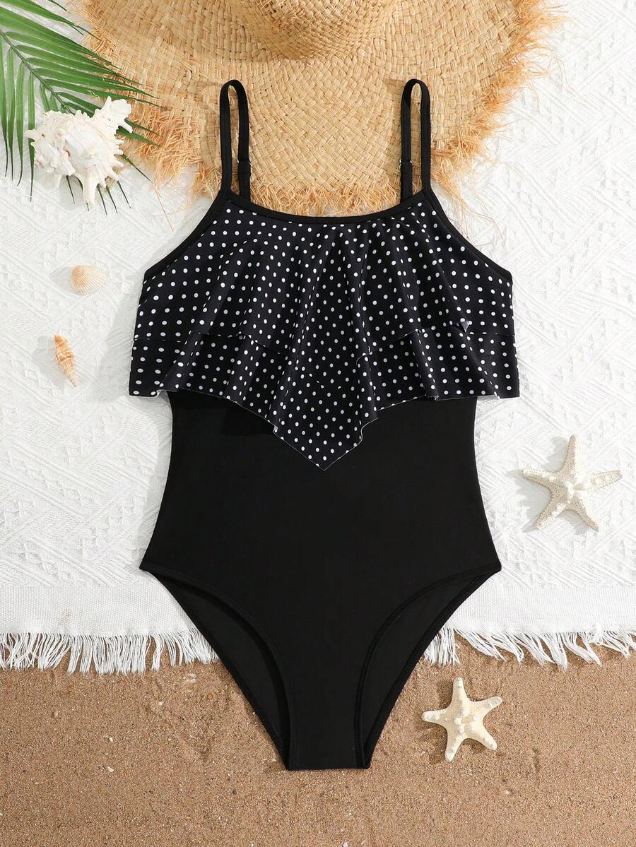 SHEIN Áo tắm liền thân cho bé gái tuổi teen, màu đen chấm bi trắng in kỹ thuật số, dây đeo có thể điều chỉnh, viền bèo nhún hai lớp, thời trang và thanh lịch, thích hợp cho bơi lội, kỳ nghỉ hè, bãi biển, hồ bơi, tiệc tùng ngày lễ. - Đen và trắng - Xem 1