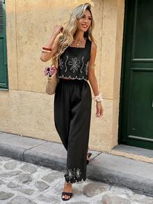 SHEIN Frenchy Bộ đồ 2 món dành cho nữ, thích hợp cho kỳ nghỉ, thêu hoa, gồm áo tank top và quần dài. - màu đen - Xem 8