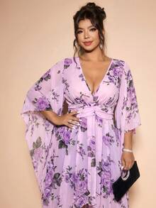Cravure Damen Große Größen Fließendes Chiffon Top mit Blumenmuster, 3/4 Ärmel, halbtransparent, mit schwarzem figurbetontem Bodycon Minirock, echtes 2-teiliges Set - Violett - Übersicht 5