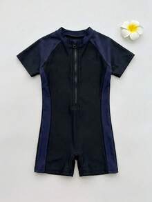 Dazy Kids 女童纯色短袖拉链半开襟休闲连体泳衣，夏季度假 - 黑色 - 查看 2