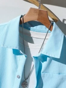 SHEIN Tween Boy Solid Color Short Sleeve Shirt And Shorts 2 Pieces Set - Baby Blue - View 3