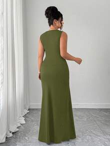 Elenzga Women's Elegant Sleeveless Round Neck A-Line Dress, Waist Ruched Design, Solid Knit Fabric - Green - View 2