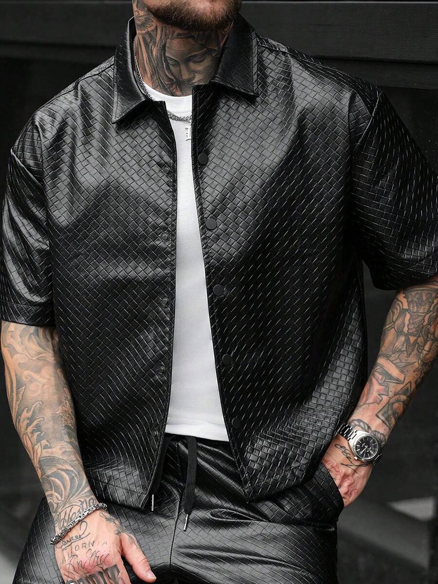 SLATEMANN Men's Loose Fit PU Leather Front Zip Short Sleeve Shirt, Streetwear Inspired - Black - View 1