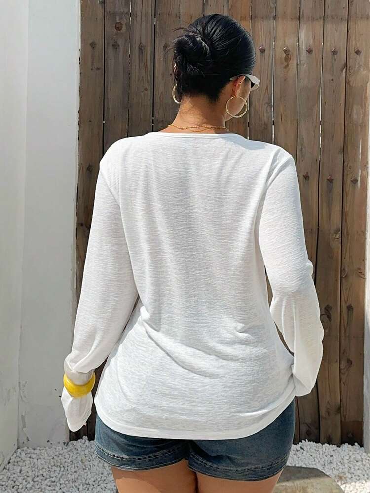 Dazy Plus Loose Fit Crew Neck Button Placket Casual Cover Up, Spring Versatile Plus Size Solid Color Pullover T-Shirt For Plus Size Women